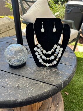 Triple-Strand White Beaded Necklace with Silver Accents and Matching Earrings